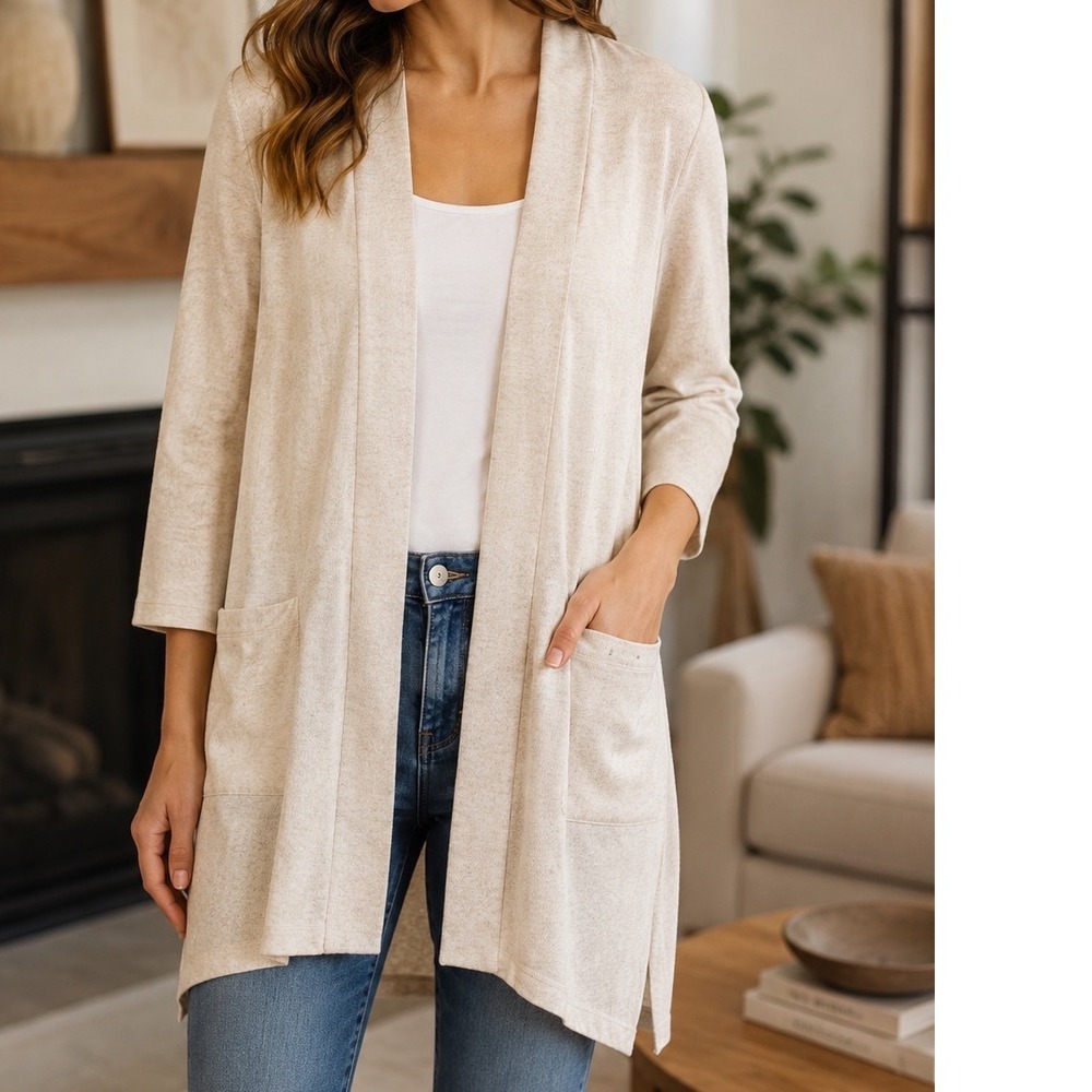 Pact Organic Cotton Open Front Cardigan Oatmeal Heather XS/S French Terry Wrap